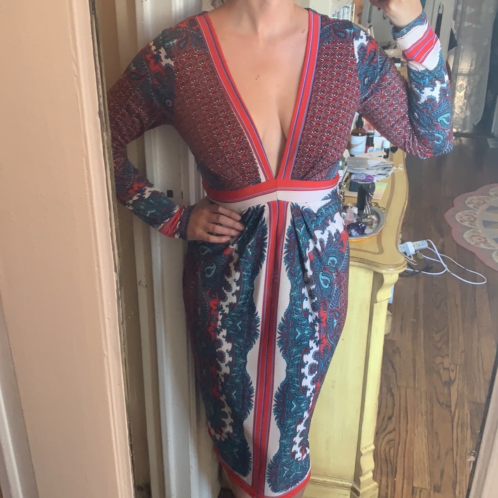 VINTAGE LOW CUT V NECK SEXY MIDI DRESS RUBBER DUCKY PRODUCTIONS INC XS S 2 4